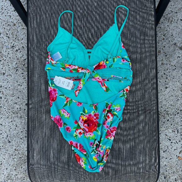 Time and Tru One Piece Swimsuit Womens Large Turquoise Blue Floral - Picture 2 of 5